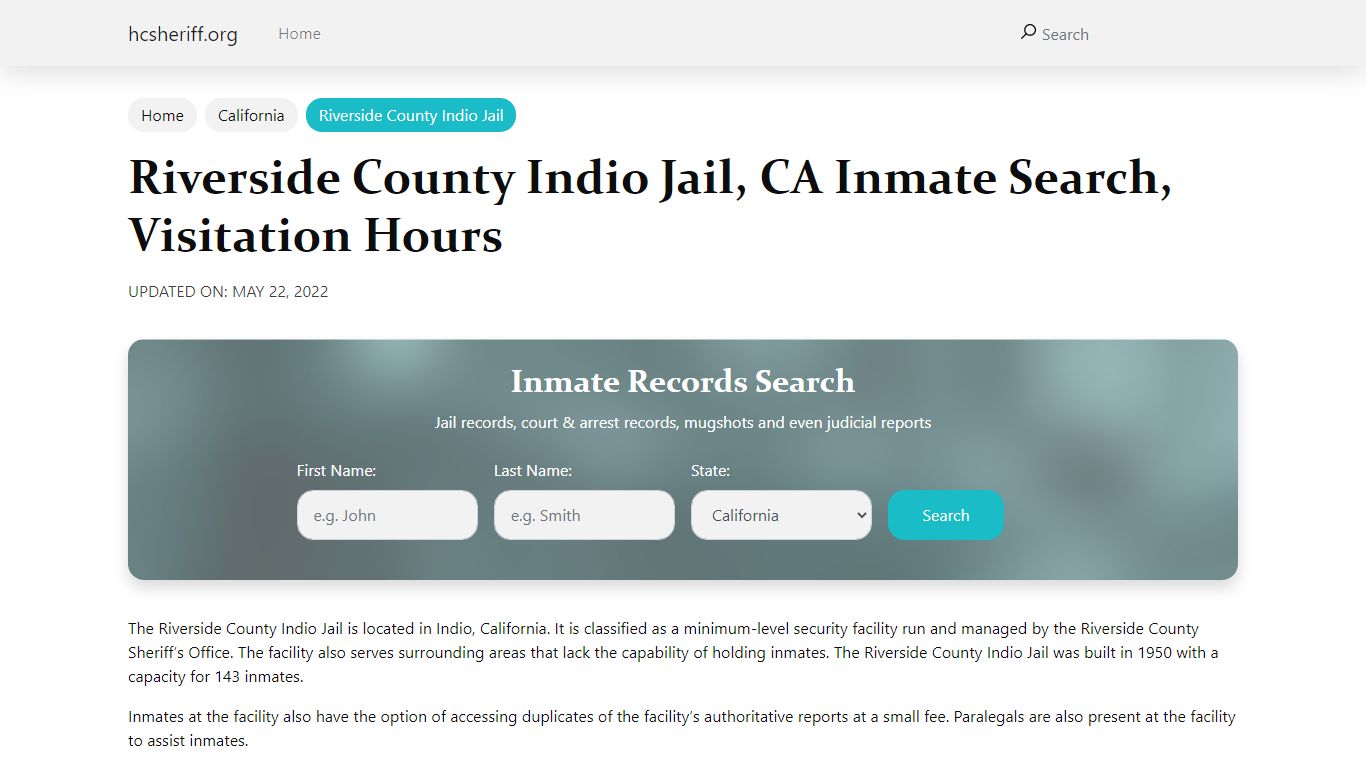 Riverside County Indio Jail, CA Inmate Search, Visitation