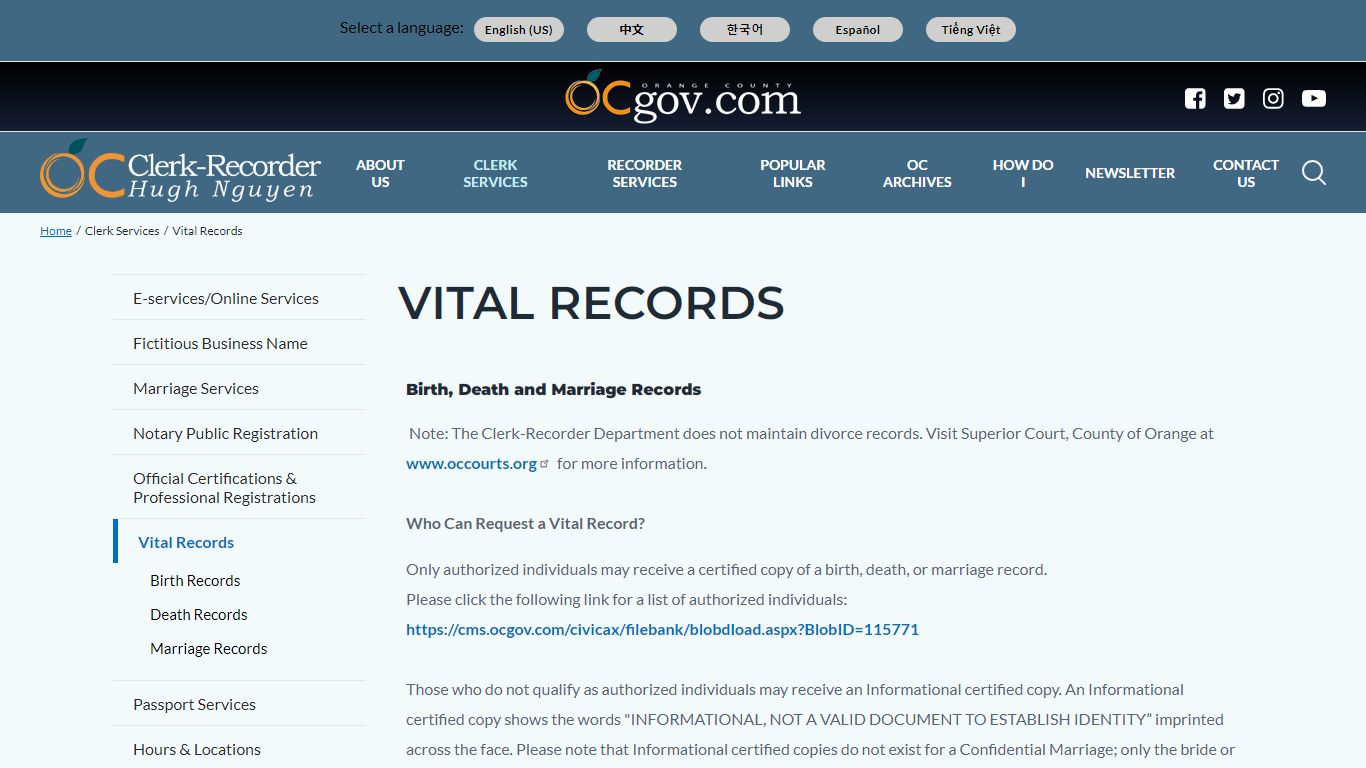 Vital Records – OC Clerk Recorder Department