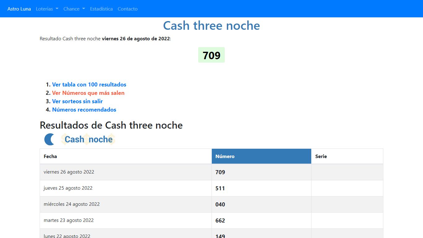 Cash three noche Resultados y Estadísticas - Astro Luna